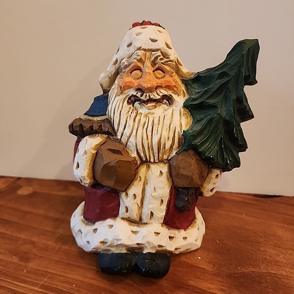 David Frykman Christmas Figure 1996 Santa Holding Tree DF1408 Wood Carved Look